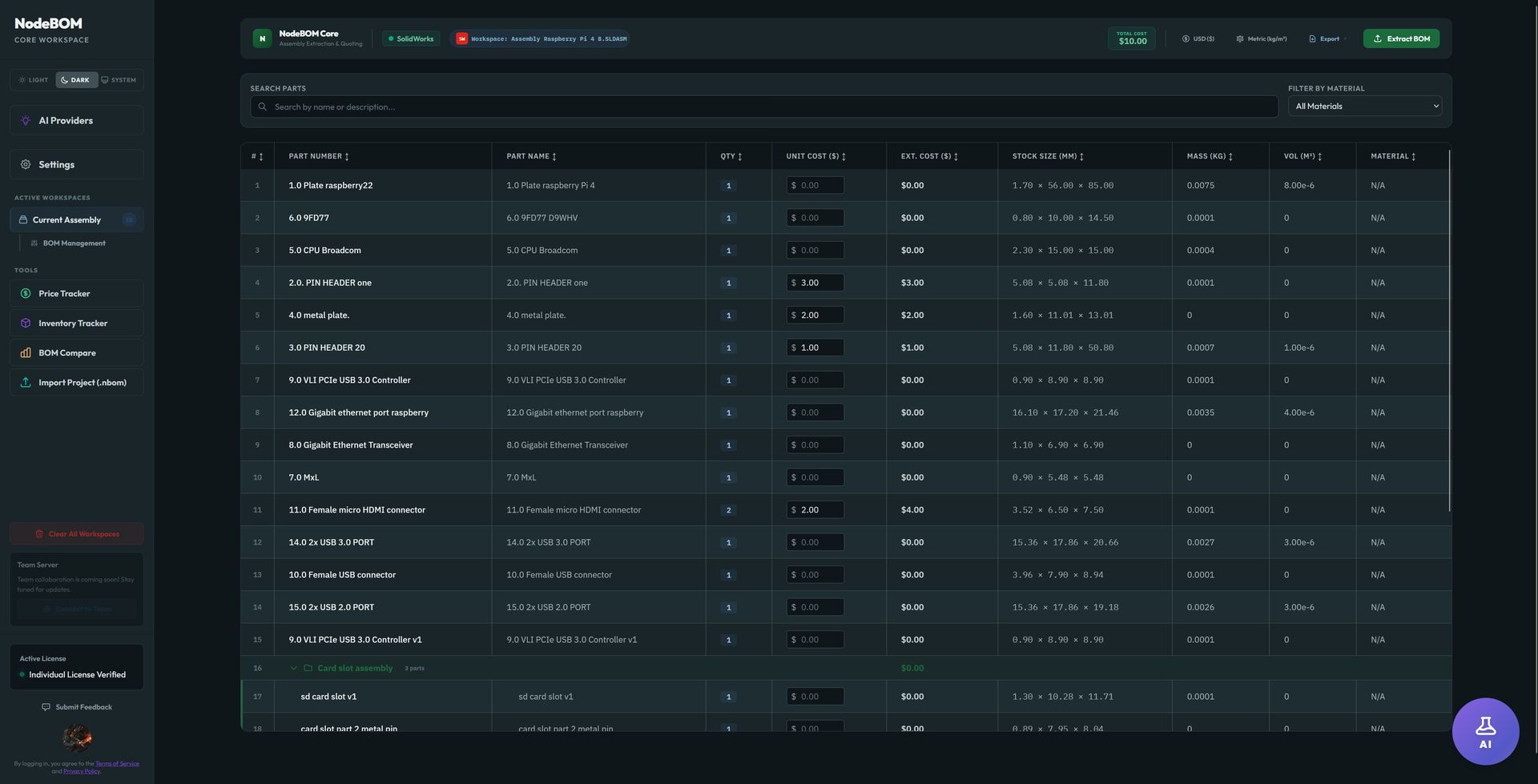 NodeBOM assembly extraction view showing parts table with quantities, unit costs, and stock sizes