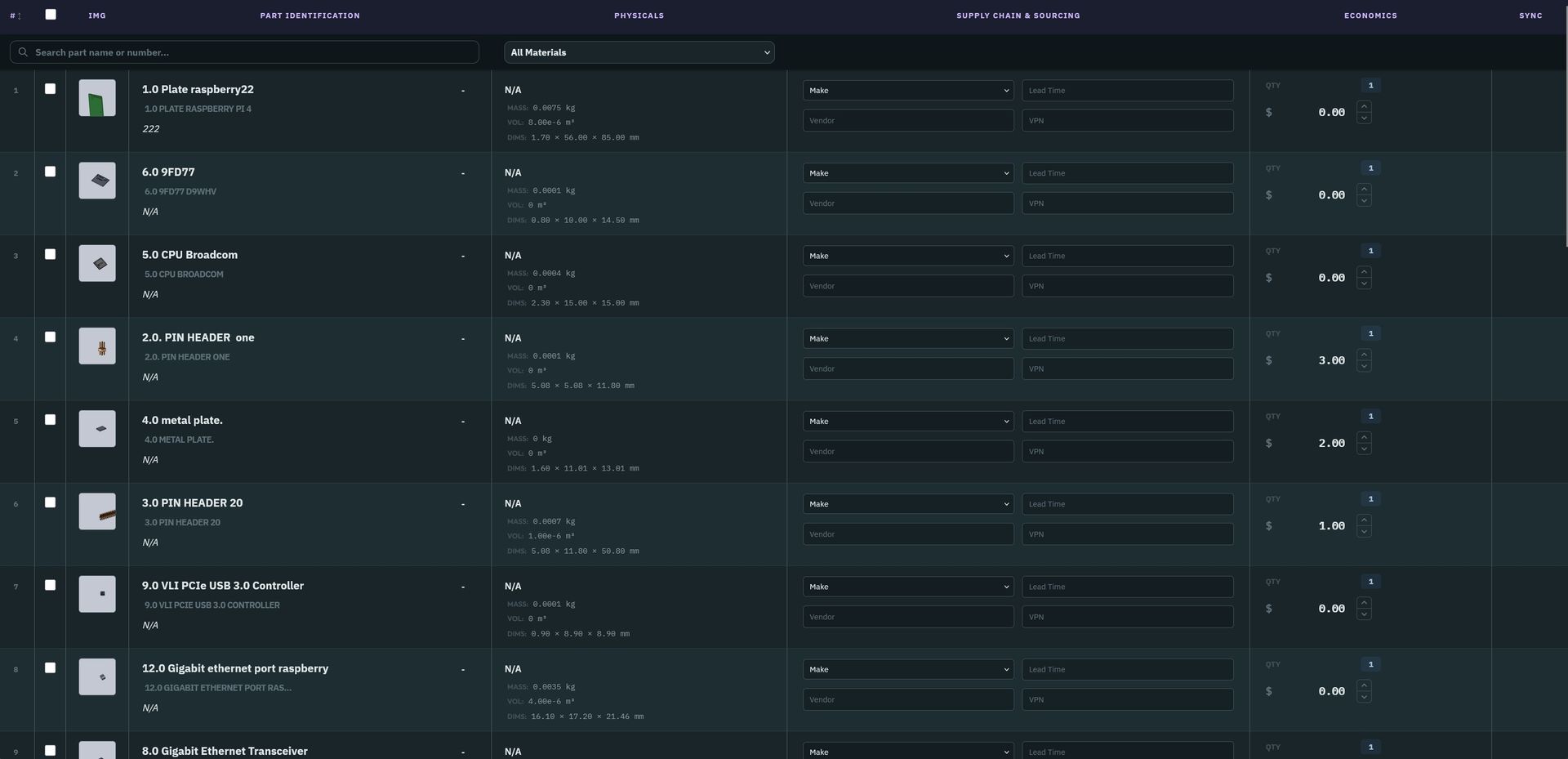 NodeBOM BOM Management view with part thumbnails, physicals, supply chain, and economics columns