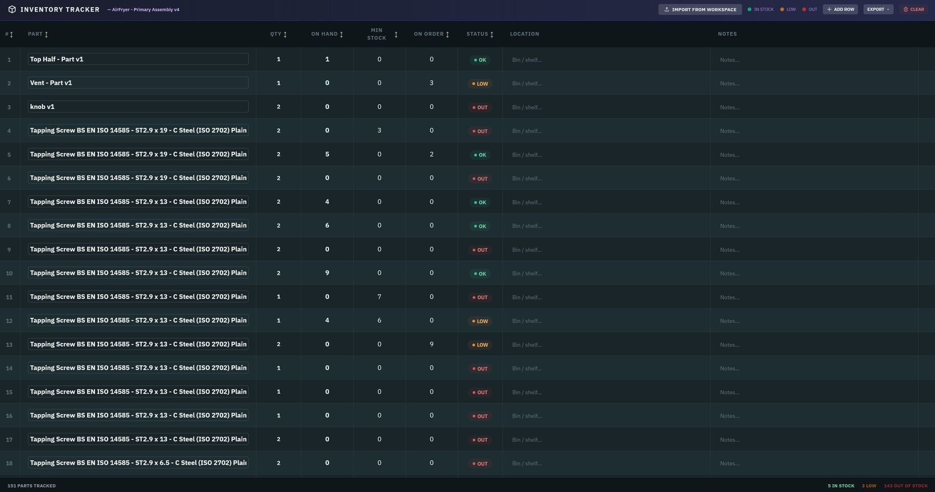 NodeBOM Inventory Tracker showing parts with stock status, quantities, on-order tracking, and location fields